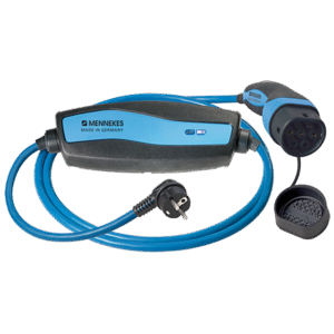 ble Mennekes EV charger with sleek design, featuring a compact body, charging cable, and plug, ideal for electric vehicle charging on the go